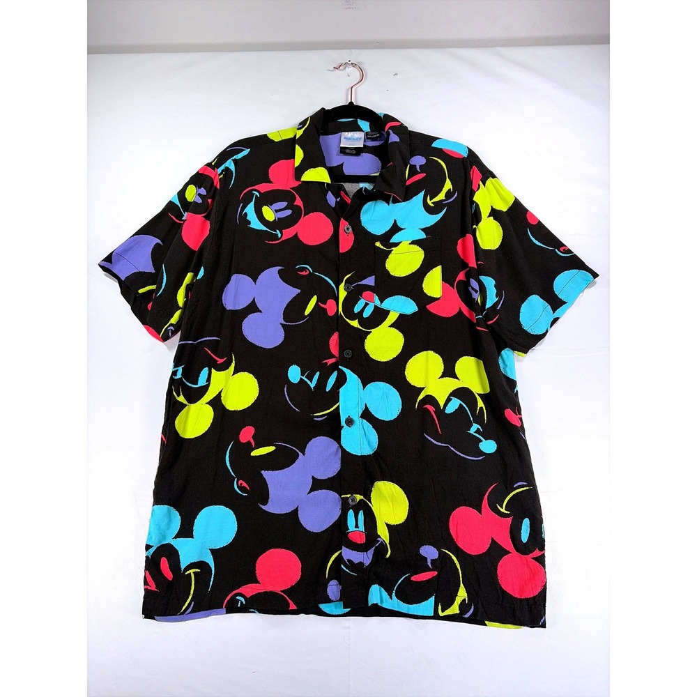 Disney Mickey and Friends Neon Mickey Mouse Rayon Button Down Shirt Mens Medium
